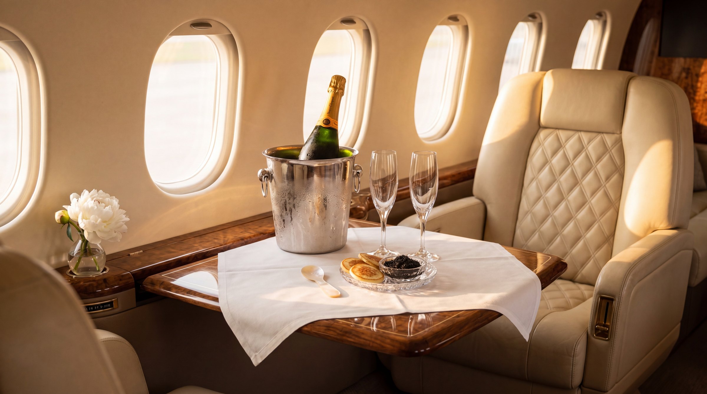 Luxury private jet cabin interior with a fold-out walnut burl table set with champagne, caviar and crystal flutes, lit by golden hour through the cabin windows